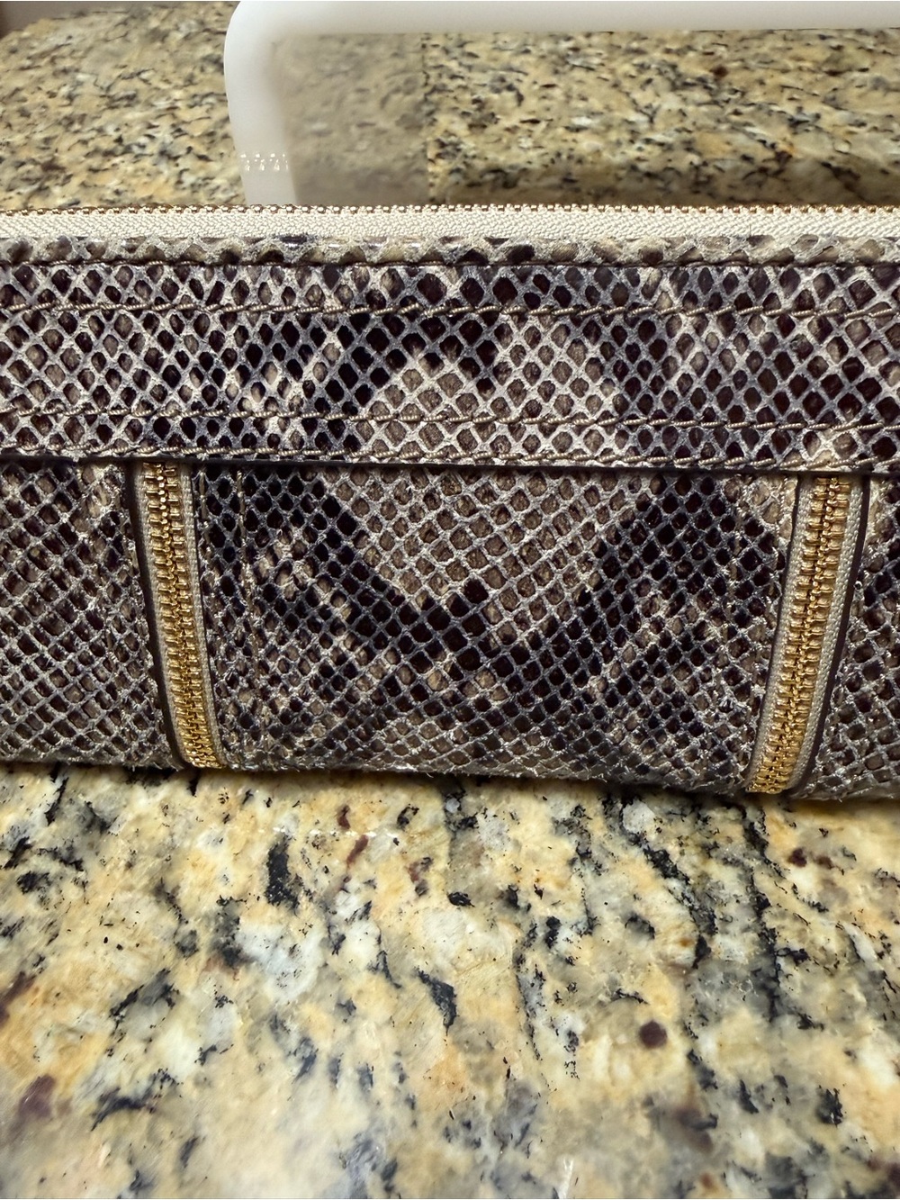 Michael Kors Snake-Print Zip Clutch in Brown and Taupe with Gold Hardware - Picture 2 of 5